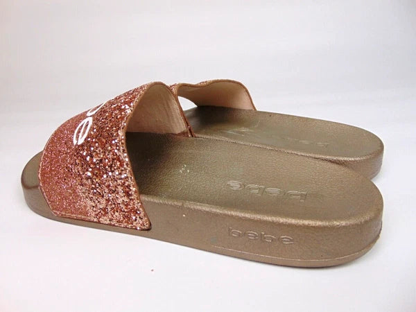 Bebe Women's Fraida Glitter Slide Fashion Sandals Flats Size 8.0 M, Rose Gold