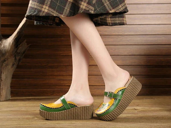 Wedge Slides Shoes Women Buckle Flower Cut Out Summer Leather Platform Slippers