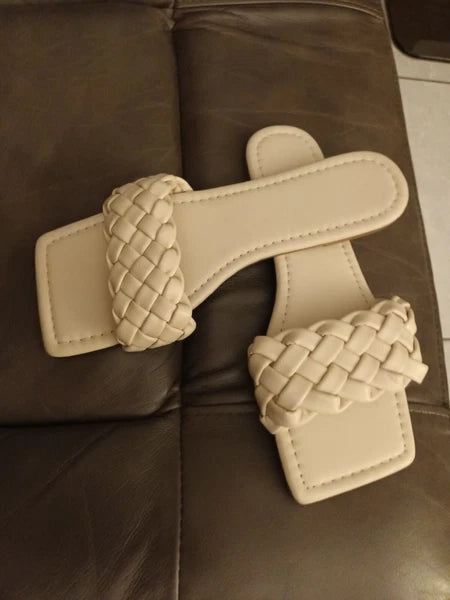 H&M SquareToe Braided Cream Padded Slides Size 5