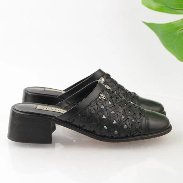 Brighton Womens Fanny Mule Size 8.5 Black Leather Block Heel Slide Woven Shoe