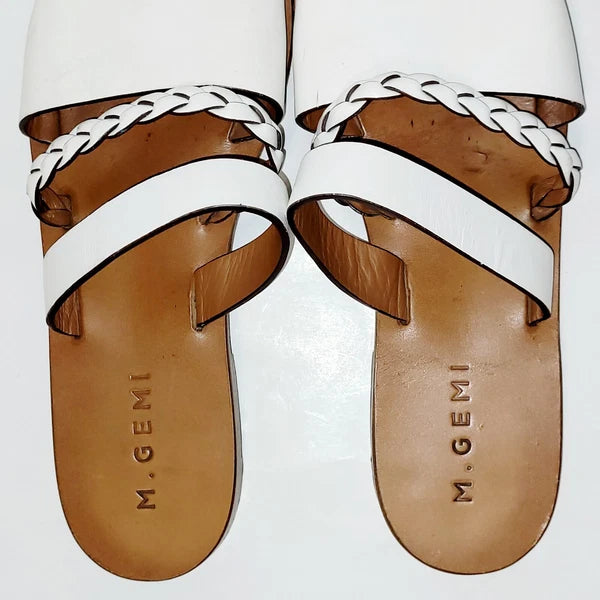 M. Gemi White Leather Flat Braided Strappy Slide Flat Sandals Wms 39EU  8.5-9 US