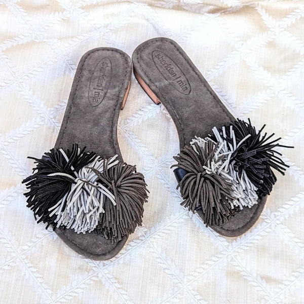 NEW SHERIDAN MIA SUMMER Gray Suede Tassel Fringe POM POM Slide Sandals Wms Sz 37