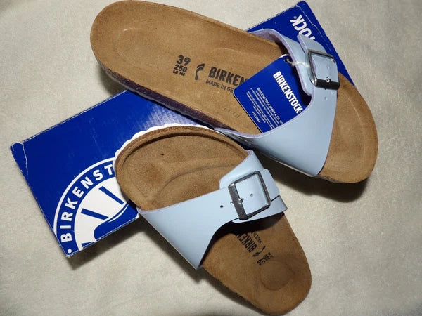 Birkenstock Madrid Big Buckle Lady Narrow Size 8 Patent Dove Blue Leather Sandal