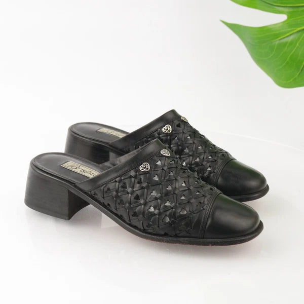 Brighton Womens Fanny Mule Size 8.5 Black Leather Block Heel Slide Woven Shoe