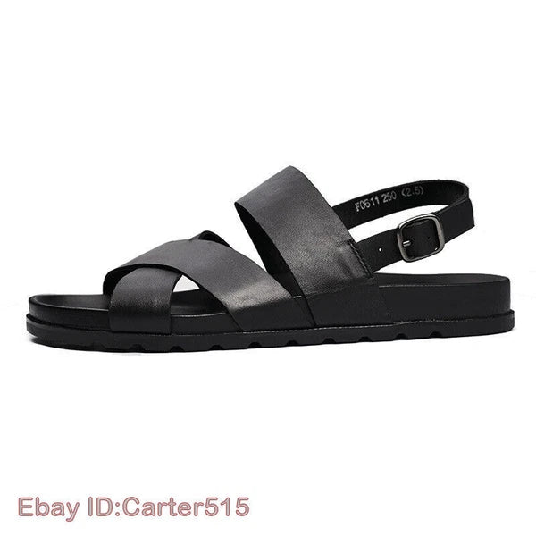 Open Toe Sandals Slingbacks Buckle Real Leather Men's Beach Shoes Roman Style 43