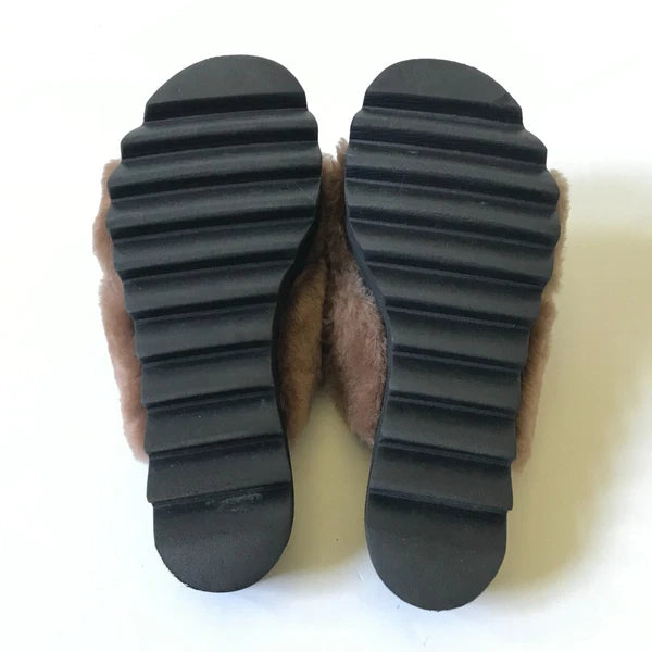 Peserico Slide Sandals Womens 36 6 Black Mauve Pink Fur Platform Slip On Fuzzy