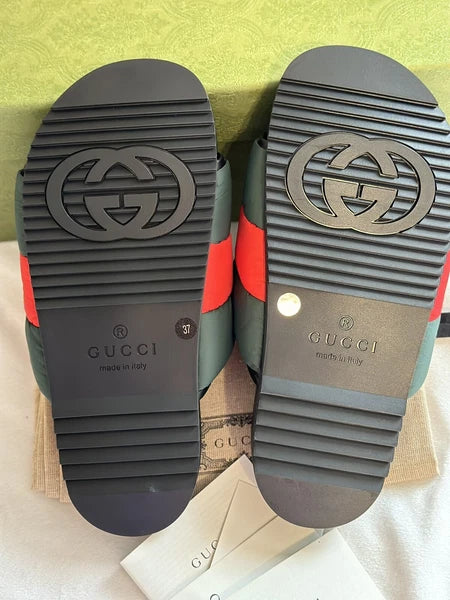 Gucci Web Puffer Nylon Slides Sandals Sz 37 Made In Italy BNIB