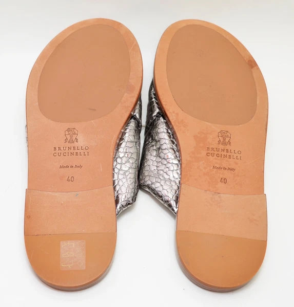 Brunello Cucinelli Reptile Print Metallic Silver leather Slide Sandals  Sz EU 40