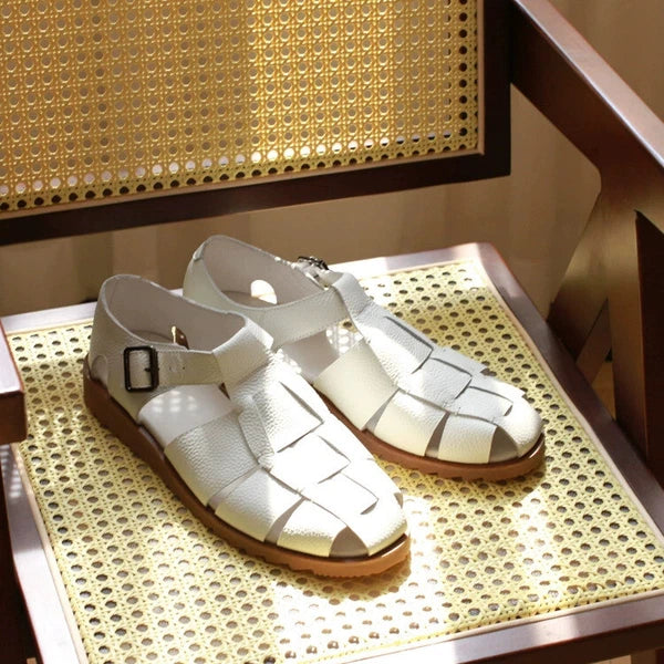 Retro Roman Style Closed Toe Sandals Buckle Real Leather Knit Mens Shoes Summer