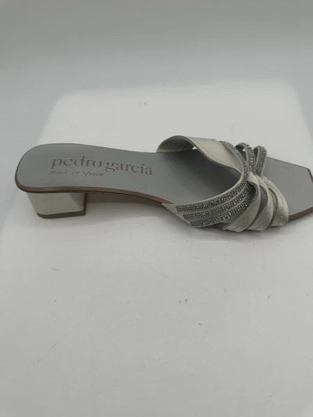 Pedro Garcia Light Gray Satin Swarovski Strap Slide Low-Heel Sandal Women Sz 38