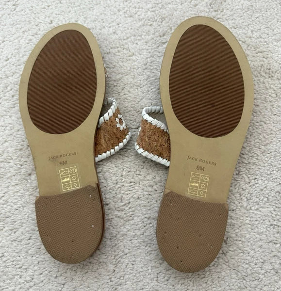 Jack Rogers Caroline Sandal Natural Tan Cork White Stitched Flat Slide  Size 9 M