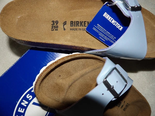 Birkenstock Madrid Big Buckle Lady Narrow Size 8 Patent Dove Blue Leather Sandal