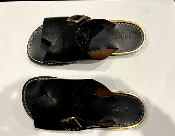 CHLOE Black Leather, 1 Buckle Slides, Sandals, Flats with Gold-tone Trim 36EU/5