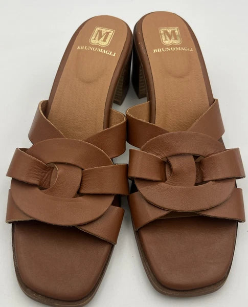 BRUNO MAGLI ARIA Block Heel Brown Leather Slide Sandal Women's Size 9M NEW