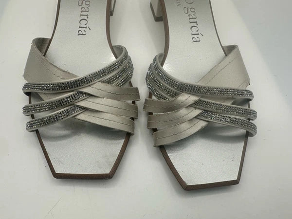 Pedro Garcia Light Gray Satin Swarovski Strap Slide Low-Heel Sandal Women Sz 38