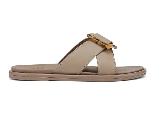 Olukai La’i Taupe Criss Cross Tortiose Shell Buckle Comfort Slide Sandals Size 6