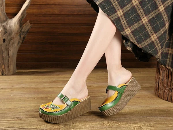 Wedge Slides Shoes Women Buckle Flower Cut Out Summer Leather Platform Slippers