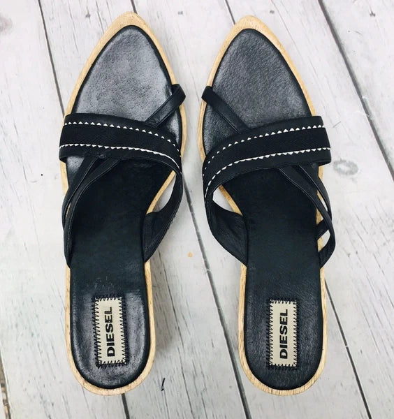 Diesel Black Leather Wooden Heel Slide Sandals Women’s Size 9 Point Toe Strap