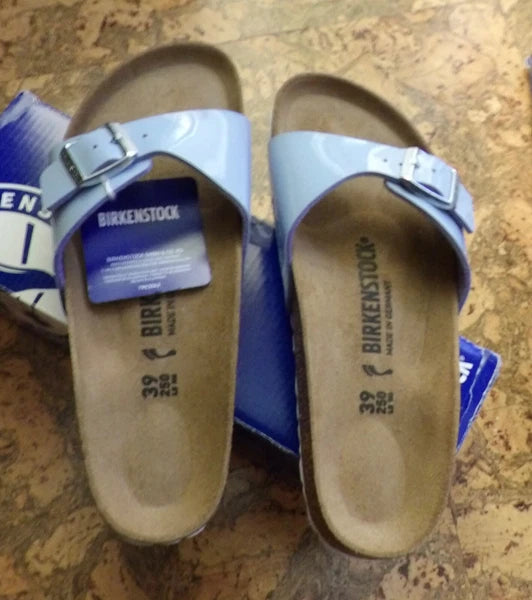 Birkenstock Madrid Big Buckle Lady Narrow Size 8 Patent Dove Blue Leather Sandal