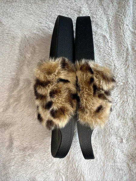 Steve Madden Leopard Faux Fur Slides Rubber Slip On Women’s Size 6 Small Plushy