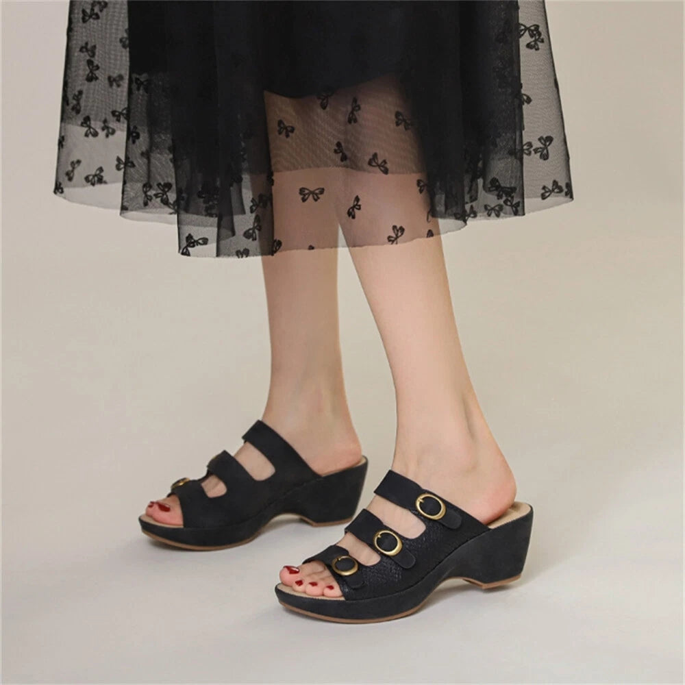 Women's Platform Chunky Heel Roman Clog Sandals Fashion Buckle Cut Out Slides