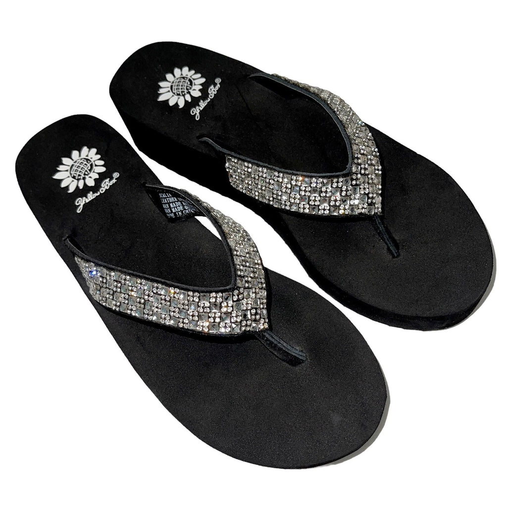 Yellow Box Flip Flops Womens 6.5 Black Clear Rhinestone Wedge Sandals Scalia
