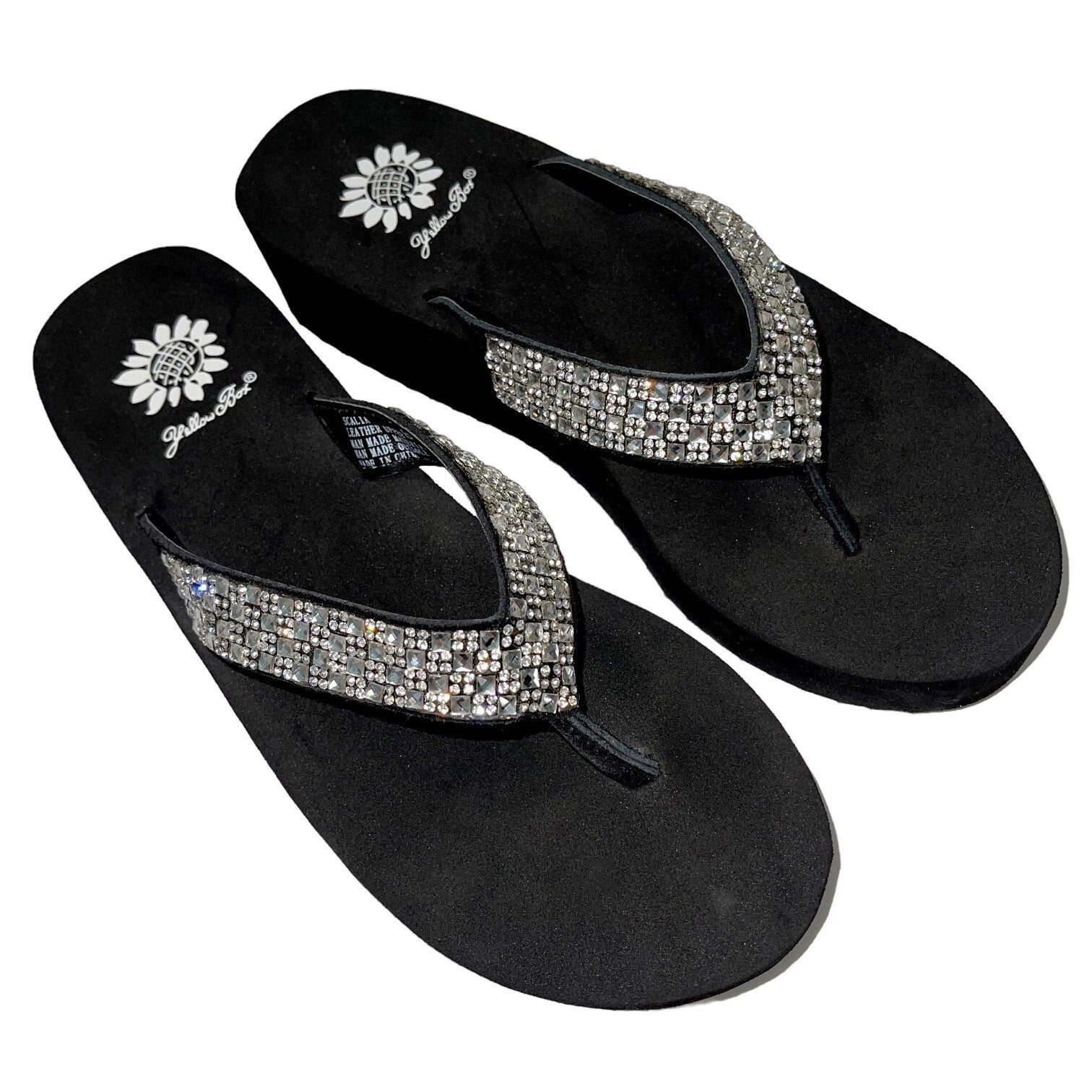 Yellow Box Flip Flops Womens 6.5 Black Clear Rhinestone Wedge Sandals Scalia