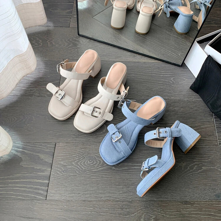 Women's Fashion Denim Buckle Straps Open Toe Block Heel Sandal Shoes Mules SUNS