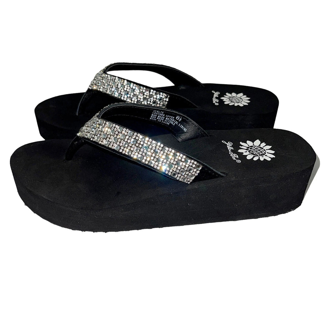 Yellow Box Flip Flops Womens 6.5 Black Clear Rhinestone Wedge Sandals Scalia