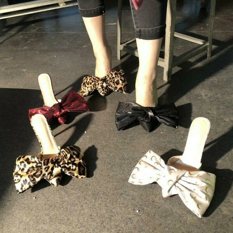 Fashion Womens Pointy Toe Big Bowknot Mules High Stiletto Heel Slippers Party