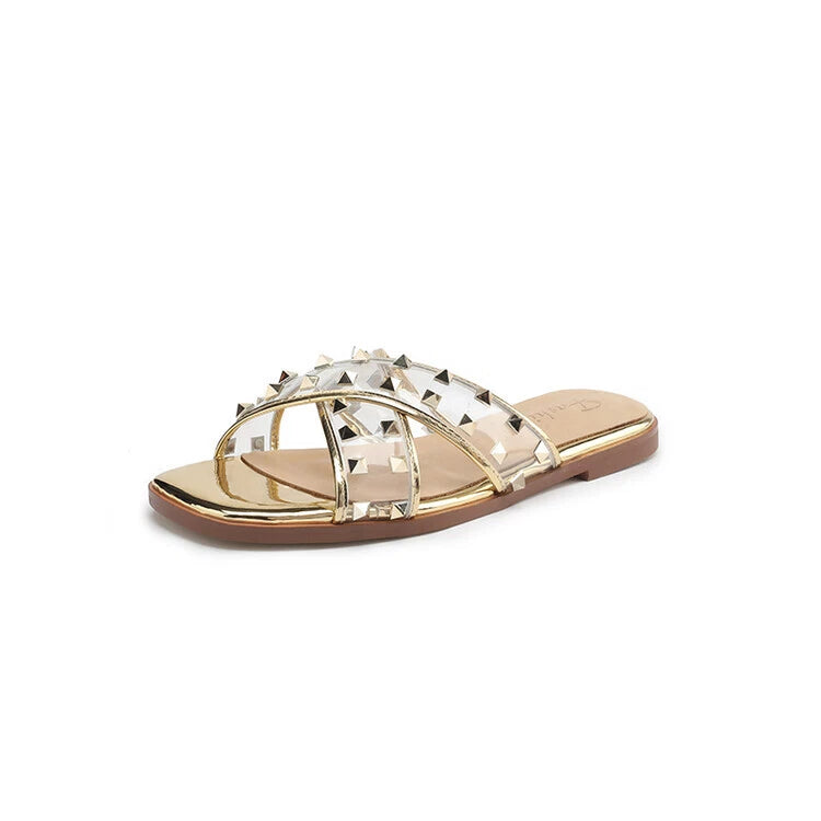 Womens Fashion Transparent Studs Crossover Beach Slipper Sandal Shoes Mules b95