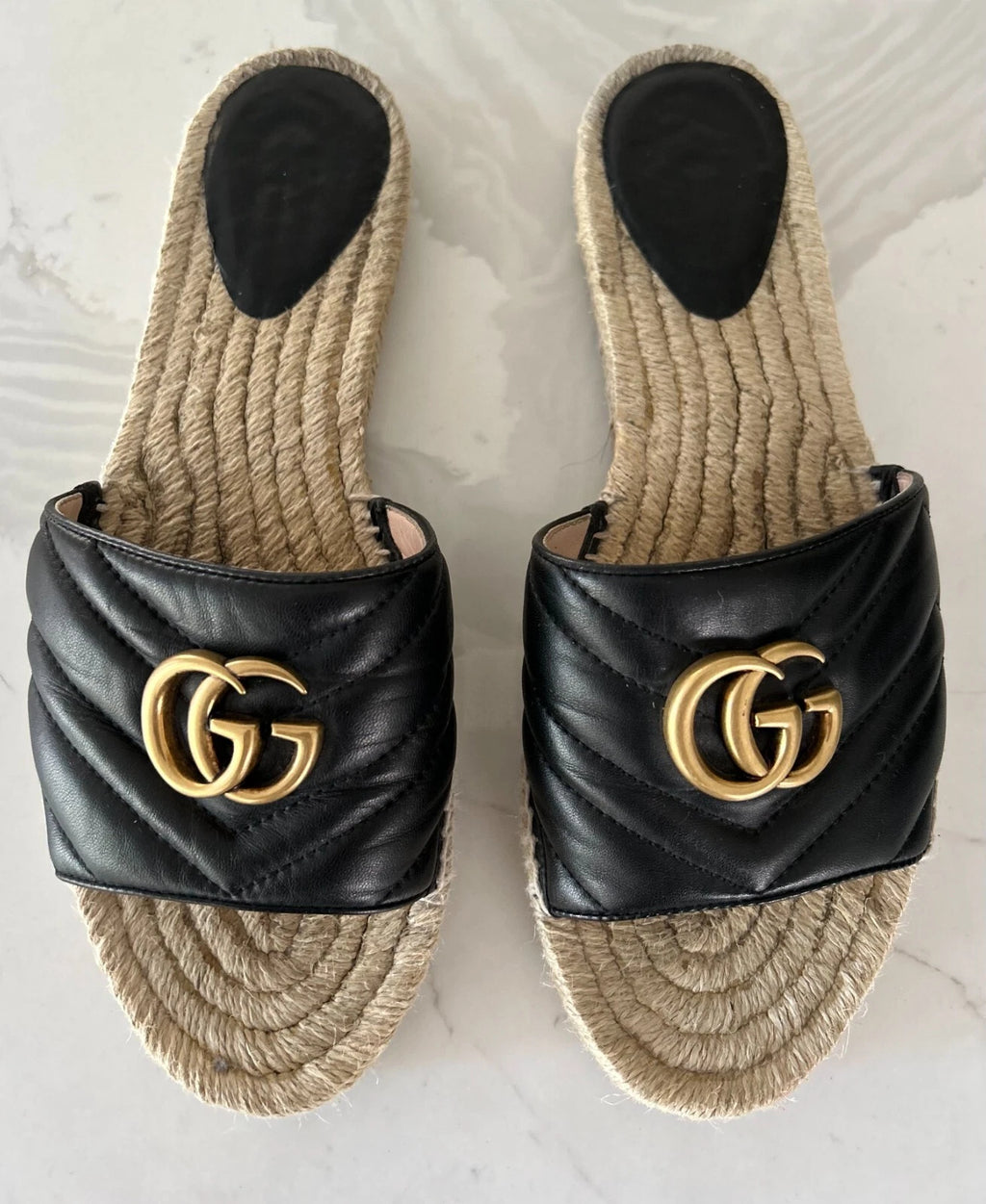 🖤 GUCCI Black Nappa Matelasse Gold GG Marmont Espadrille Slide Sandals 10 US 41