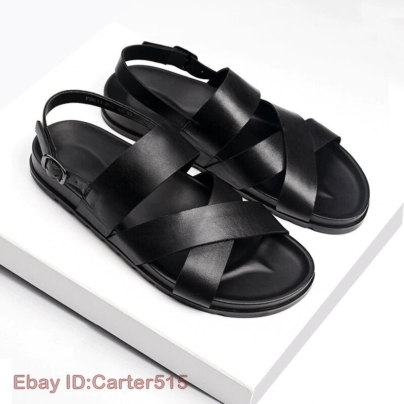 Open Toe Sandals Slingbacks Buckle Real Leather Men's Beach Shoes Roman Style 43