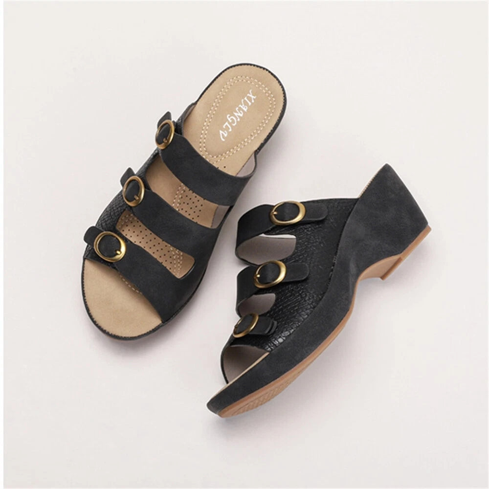 Women's Platform Chunky Heel Roman Clog Sandals Fashion Buckle Cut Out Slides