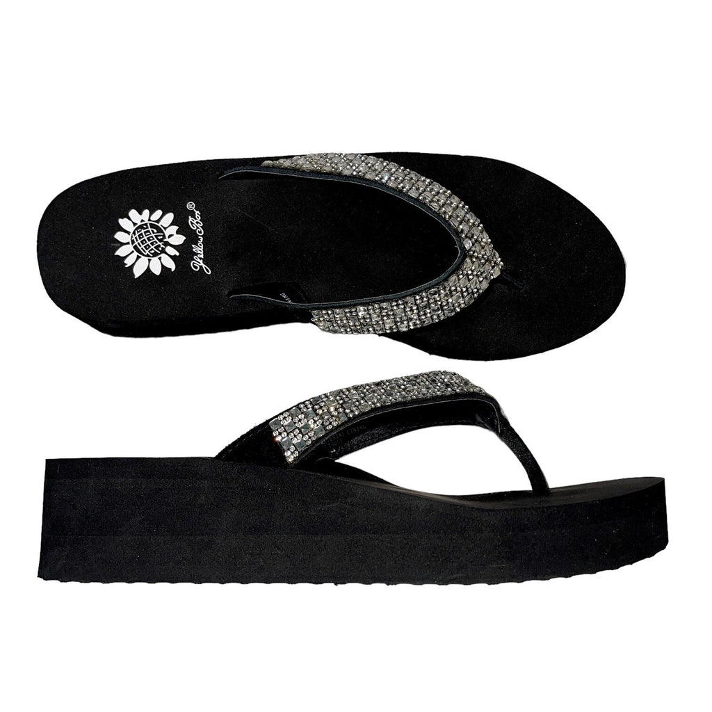 Yellow Box Flip Flops Womens 6.5 Black Clear Rhinestone Wedge Sandals Scalia