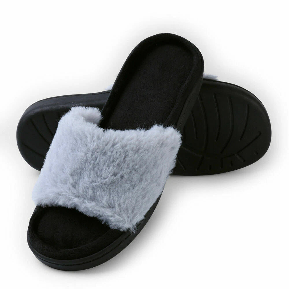 Aerusi Women Fashion Cozy Open Toe Slip-On Slippers Flat Indoor Bedroom Shoes