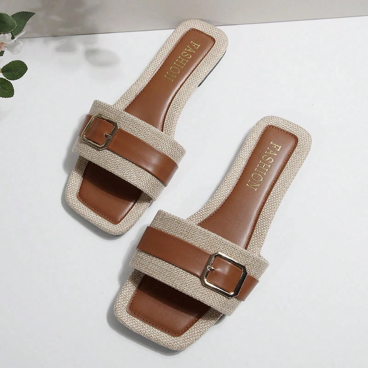 Women’s Summer Flat Sandals Square Toe Slip On Non-Slip Beach Slides Casual"