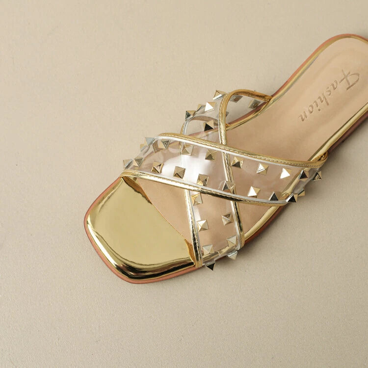 Womens Fashion Transparent Studs Crossover Beach Slipper Sandal Shoes Mules b95