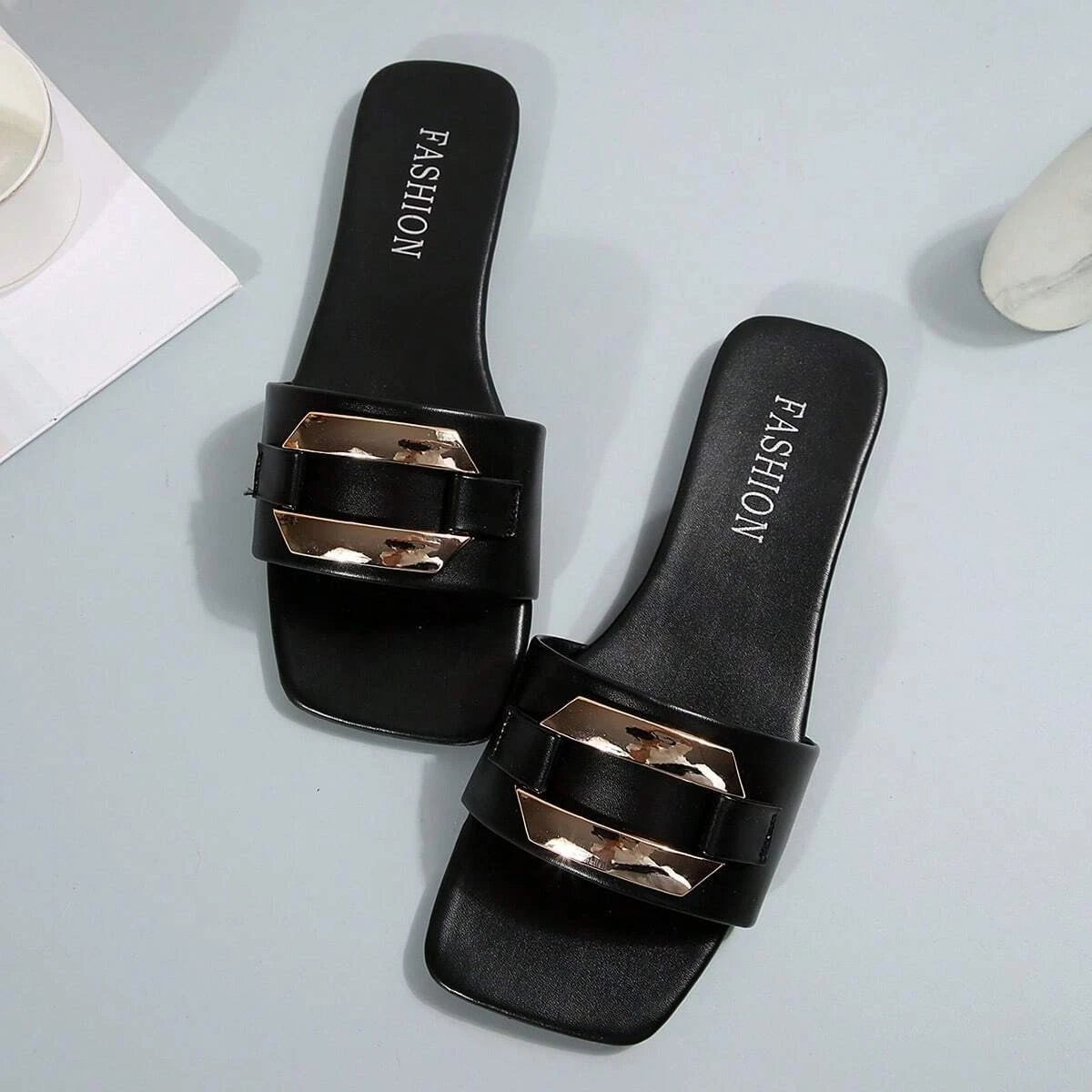 Women’s Summer Flat Sandals Square Toe Slip On Non-Slip Beach Slides Casual"