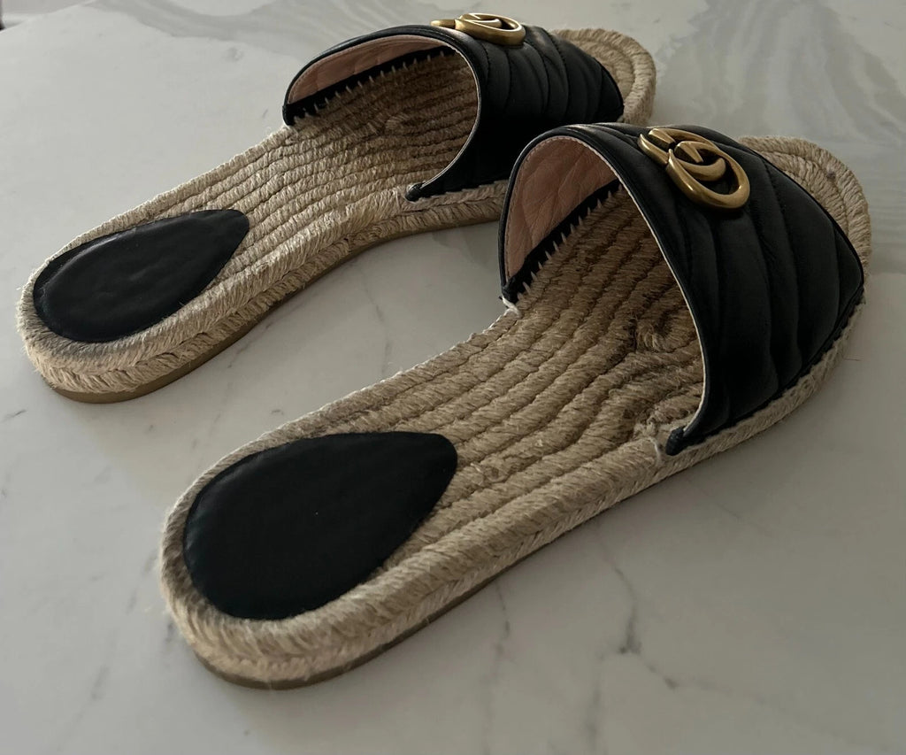 🖤 GUCCI Black Nappa Matelasse Gold GG Marmont Espadrille Slide Sandals 10 US 41