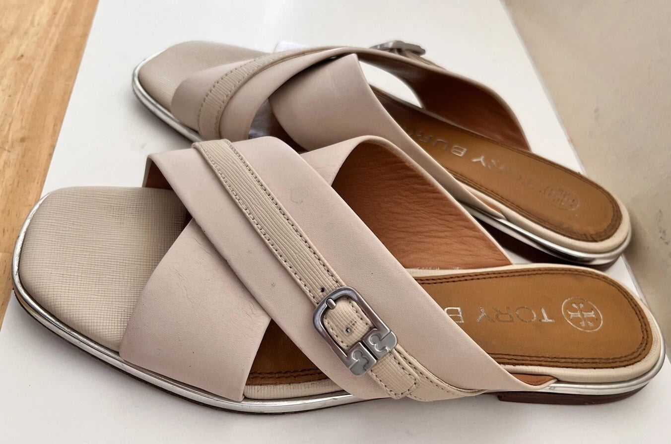 $248 Tory Burch DELANEY Crisscross Flat Slides Sandals Bone Silver Logo Size 6