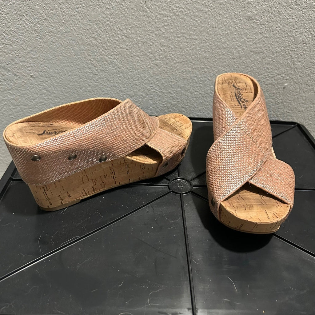Lucky Brand Wedge Sandals Cork Platform Criss Cross Slides Shoes Size 7