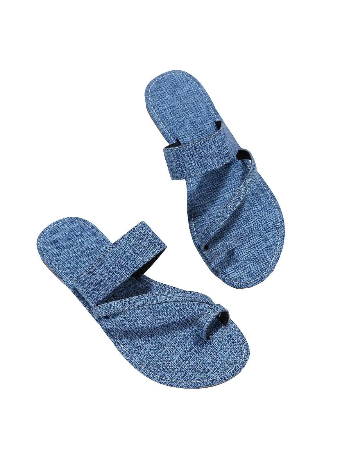 Women's Denim Jean Sandals Cute Dressy Toe Ring Strappy Slip on Slide Flats S...