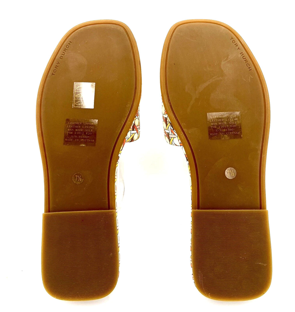 TORY BURCH DOUBLE T SPORT SLIDE SANDAL LEATHER MULTI PINK CANING/LOGO SZ 7.5 NIB