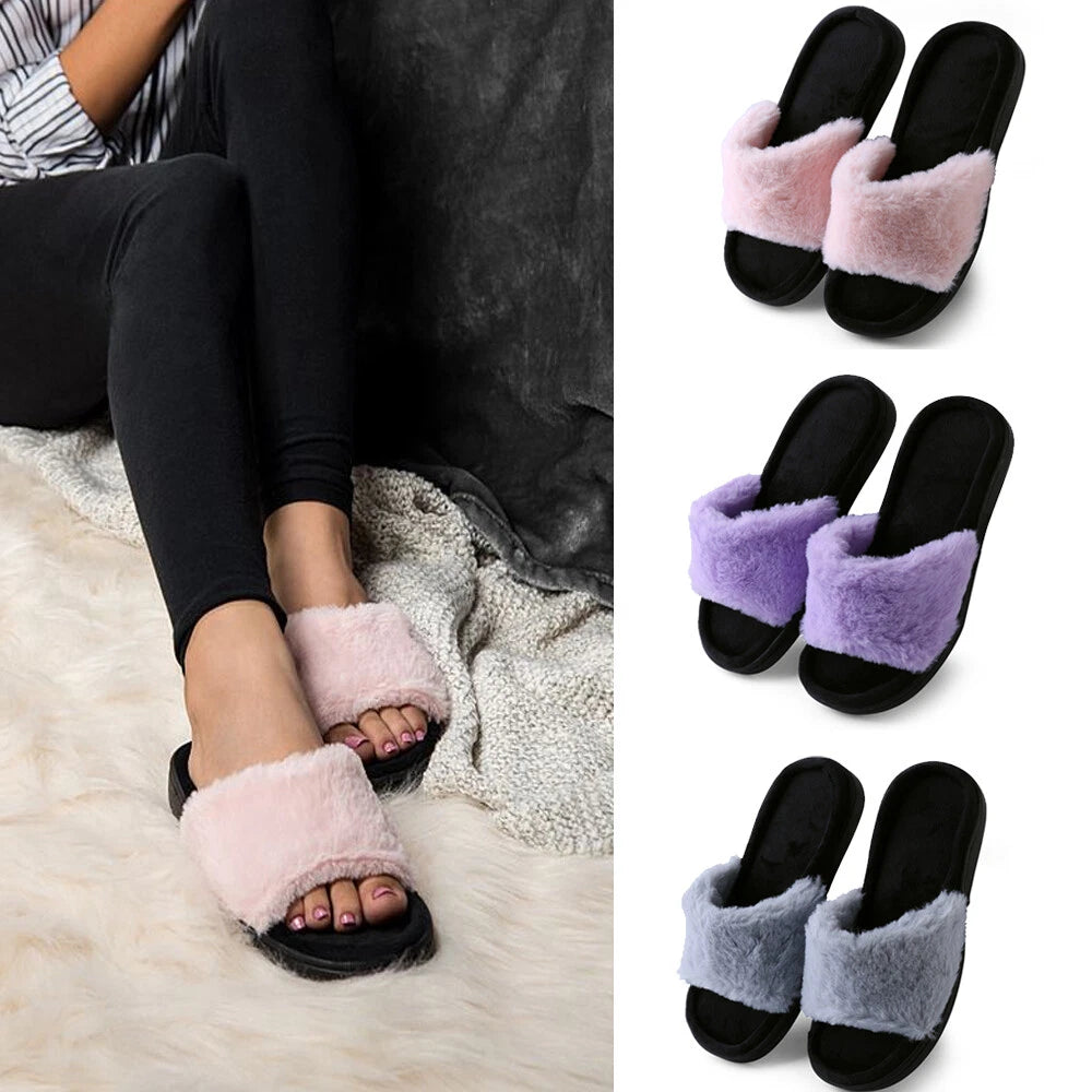 Aerusi Women Fashion Cozy Open Toe Slip-On Slippers Flat Indoor Bedroom Shoes
