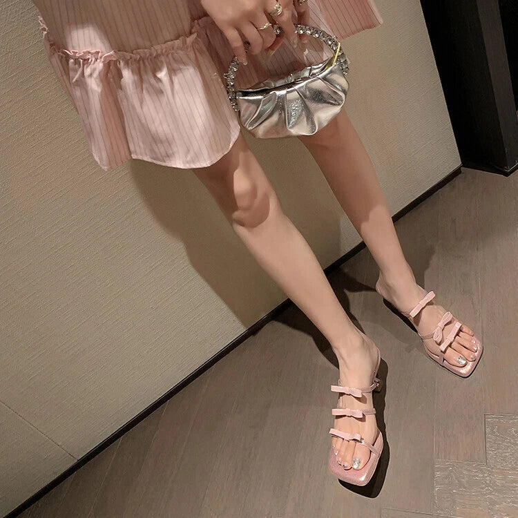 Womens 2023 Fashion Leather Open Toe Bowtie Mid Heel Slide Sandal Shoes Mule SUN