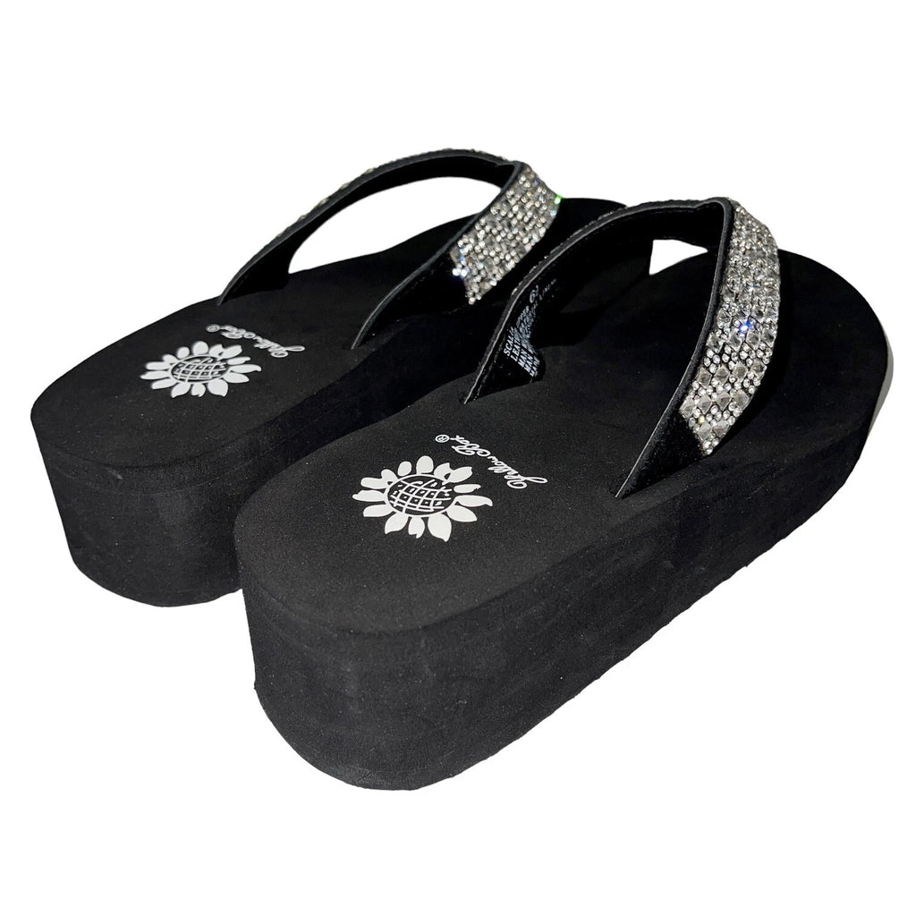 Yellow Box Flip Flops Womens 6.5 Black Clear Rhinestone Wedge Sandals Scalia