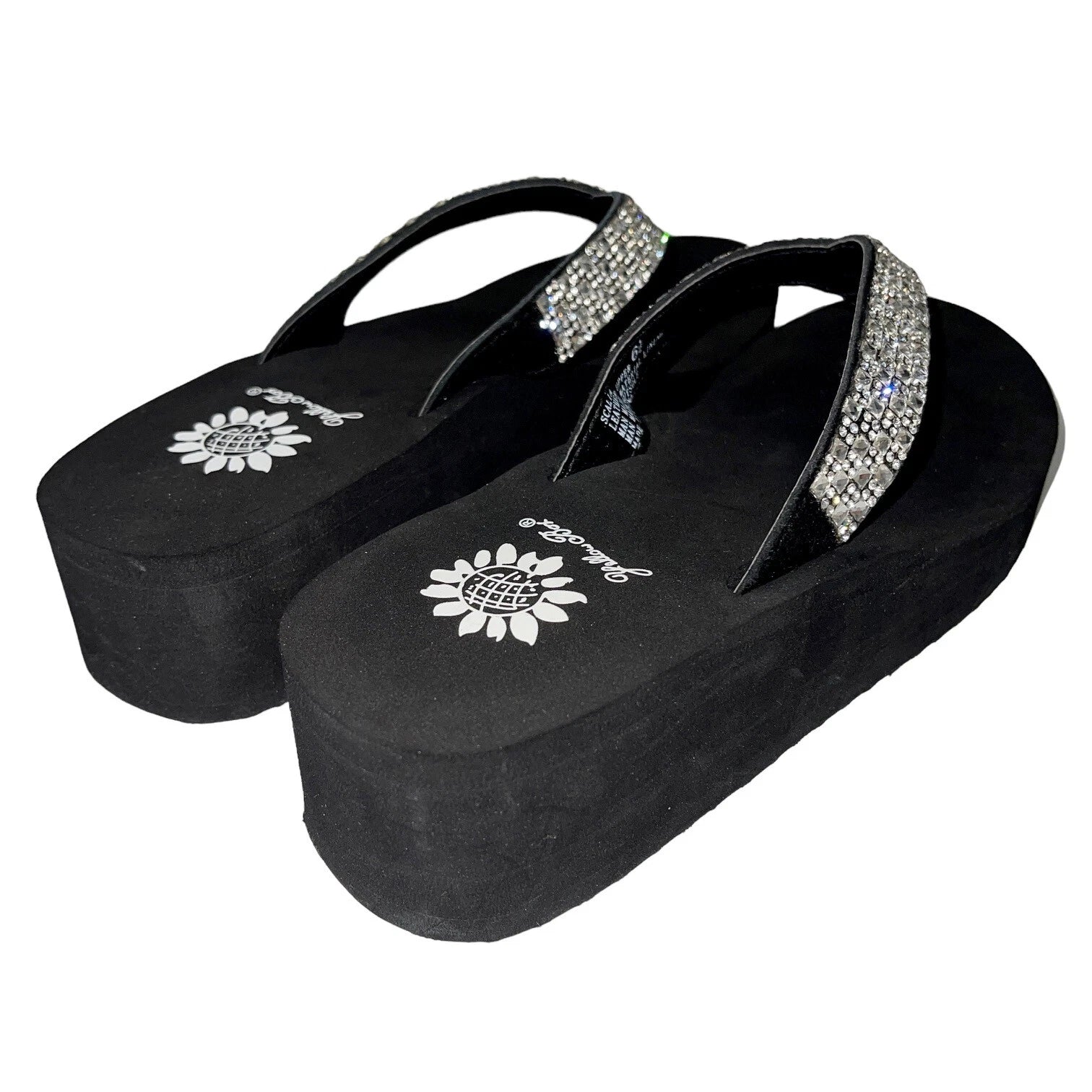 Yellow Box Flip Flops Womens 6.5 Black Clear Rhinestone Wedge Sandals Scalia