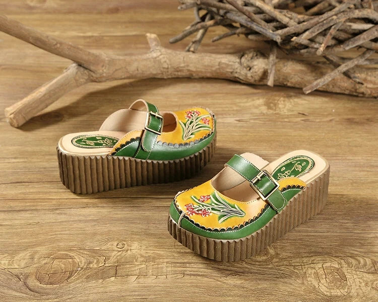 Wedge Slides Shoes Women Buckle Flower Cut Out Summer Leather Platform Slippers
