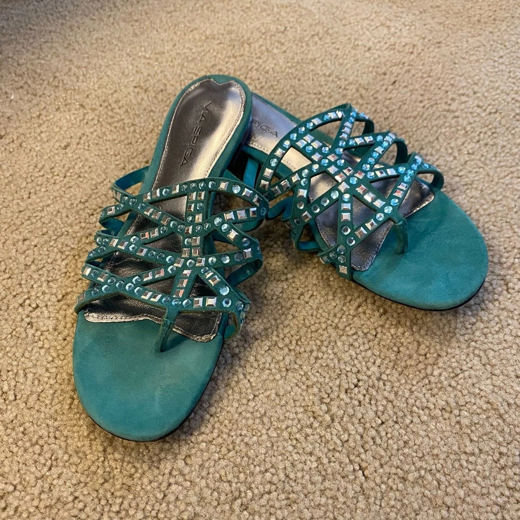 VIA SPIGA DUSTIN Green Suede Jeweled Designer Fashion Thongs Sandals 7.5/ $155